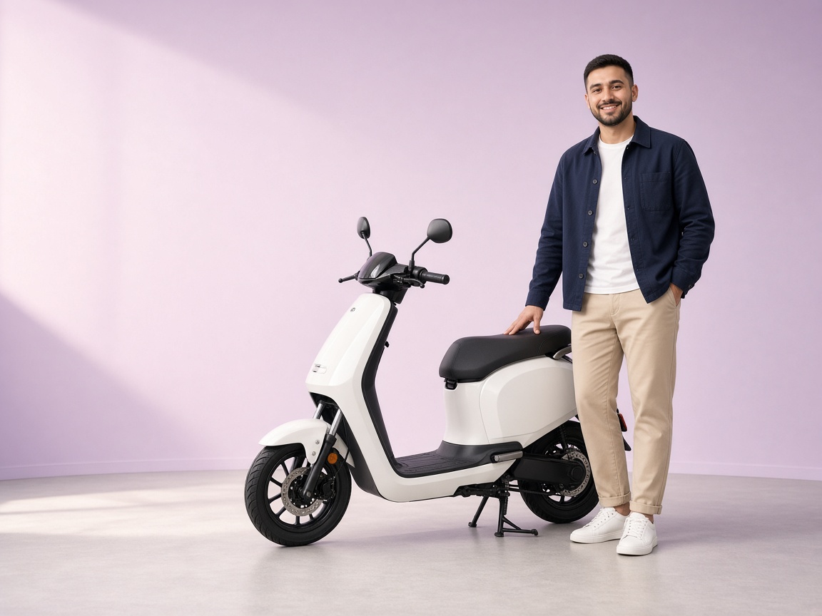 Oq elektr skuter yonida turgan yigit